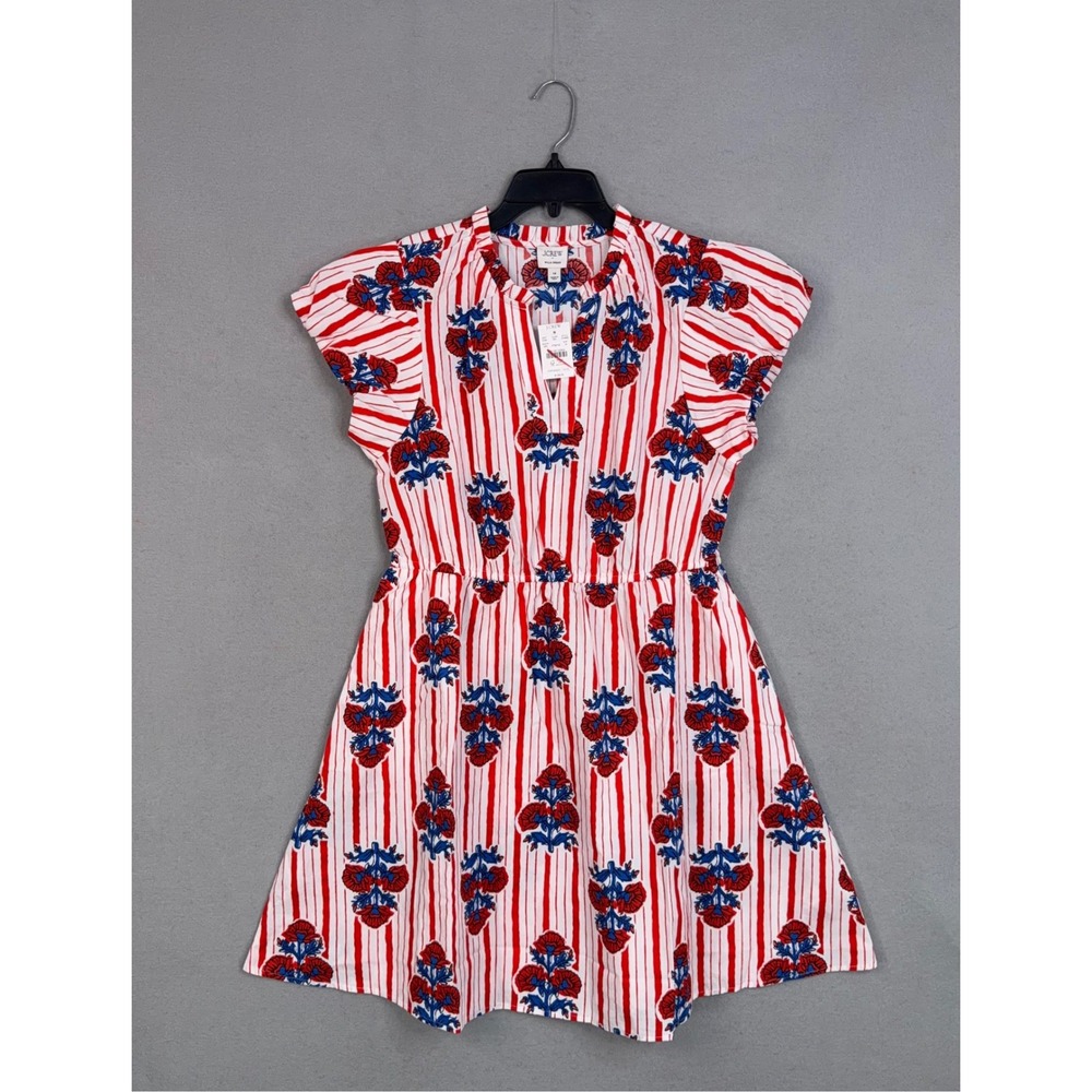 J.Crew Dress Womens 14 Willa Red Striped Floral Flutter Sleeve Cotton Preppy